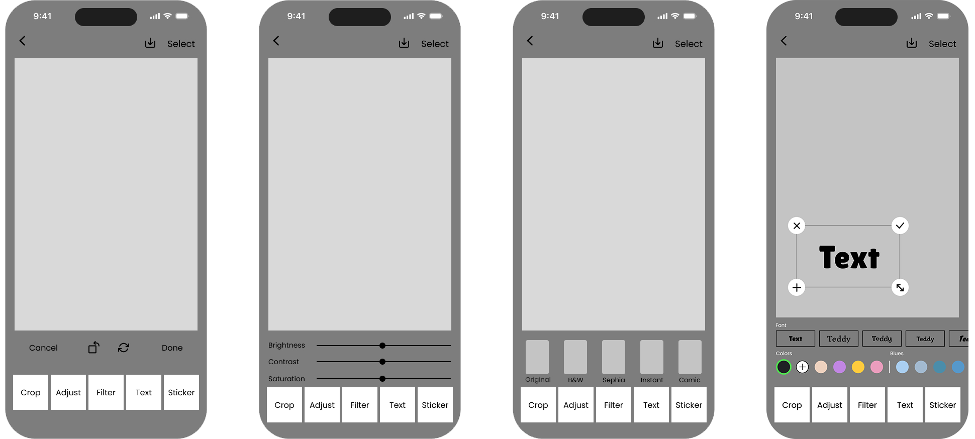 Image editing features wireframes