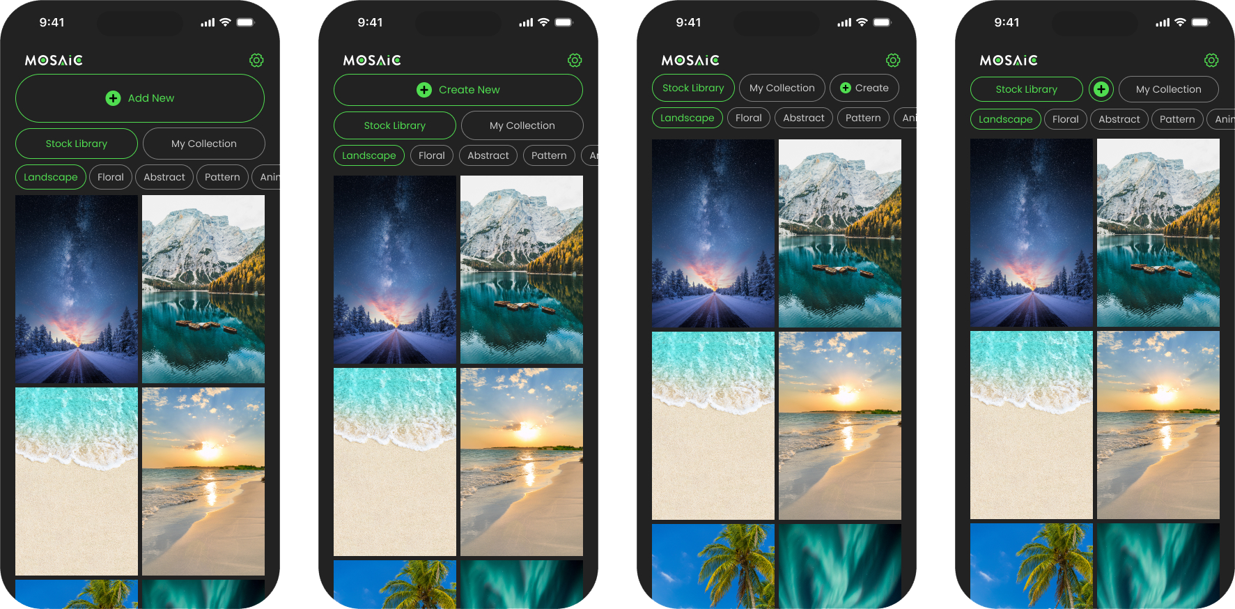 Mosaic UI Development screens